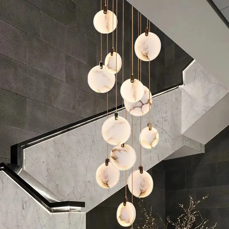 Tuya Marble Large Hanging Stairwell Lighting Chandelier — Seus Lighting LED Pendant Lights  3000K