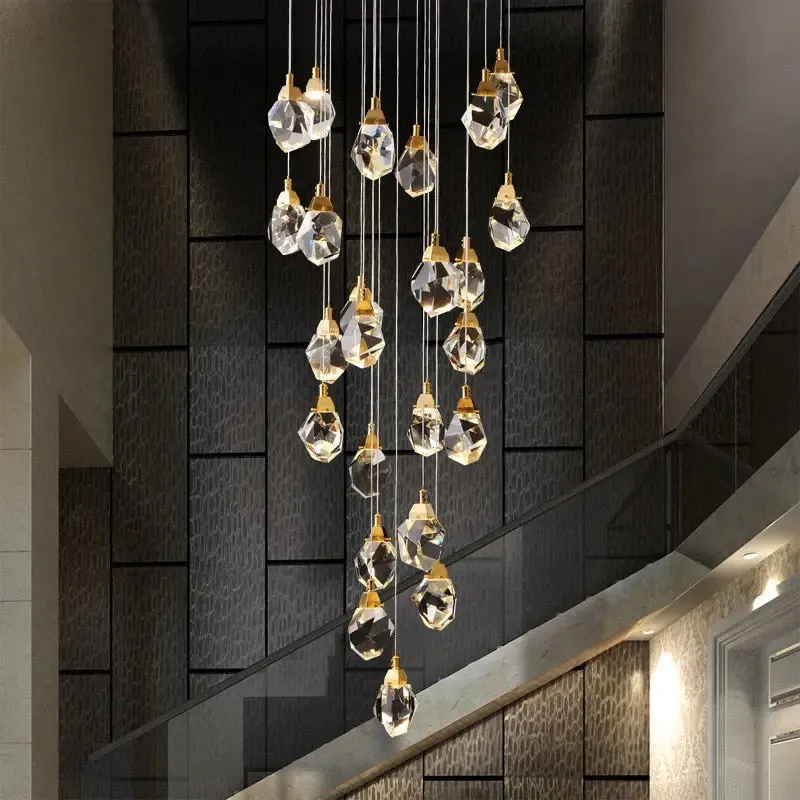 Modern Crystal Chandelier for High Ceiling Living Room — Seus Lighting LED Pendant Lights  3000K