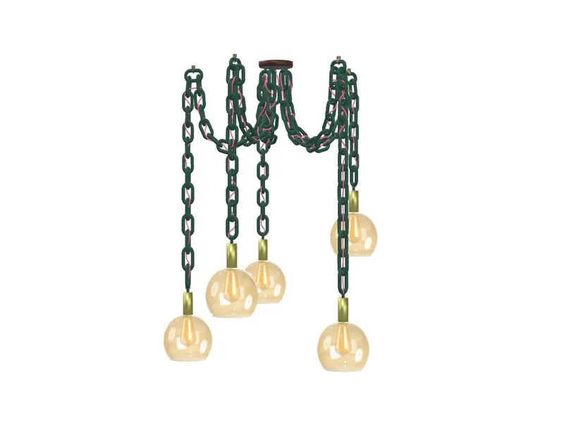 5 Pendant Thick Evergreen Chain Swag Pink Cord- Amber Globes — Hangout Lighting LED Pendant Lights  2200K
