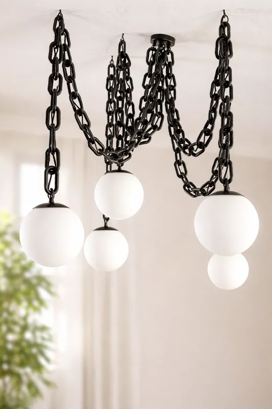 Customize: Swag Chandelier - Thick Black Chain with White Globe Shades — Hangout Lighting LED Pendant Lights  2200K