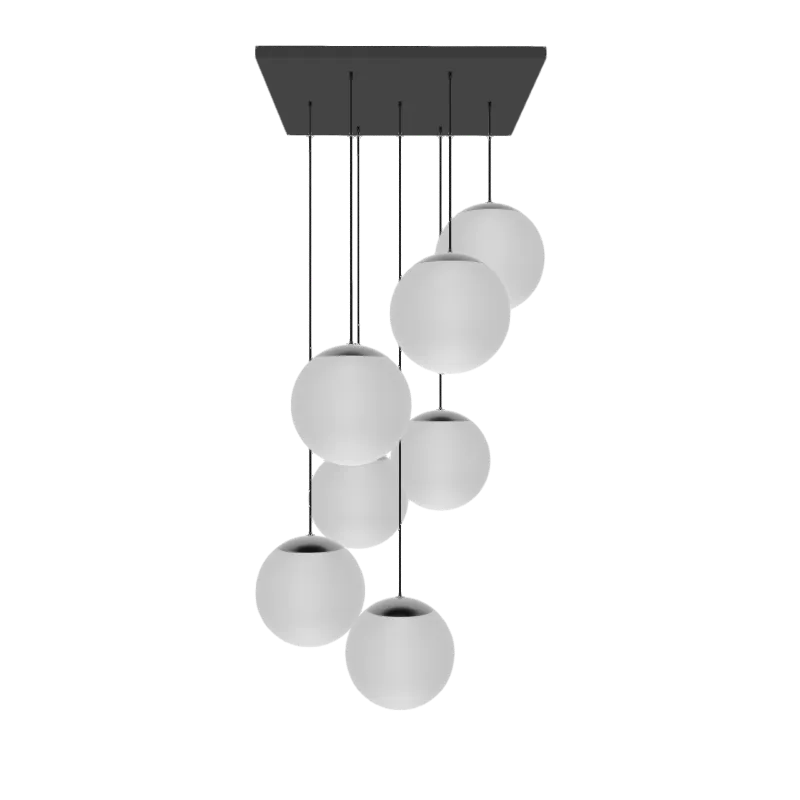 24" Square Metal Chandelier: 7 Pendant Black with Modern White Globe Shades — Hangout Lighting LED Pendant Lights  2700K