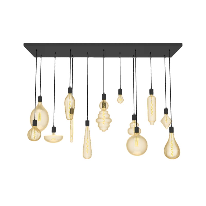 47" x 12" Metal Chandelier: 14 Pendant Modern Black with Oversized Amber Bulb Mix — Hangout Lighting LED Pendant Lights  