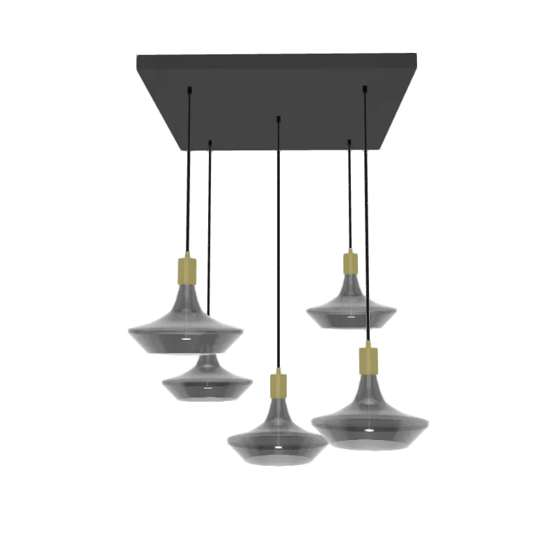 18" Square Metal Chandelier: 5 Pendant Black and Brass with Oversized Smoke UFO Bulb — Hangout Lighting LED Pendant Lights  3500K