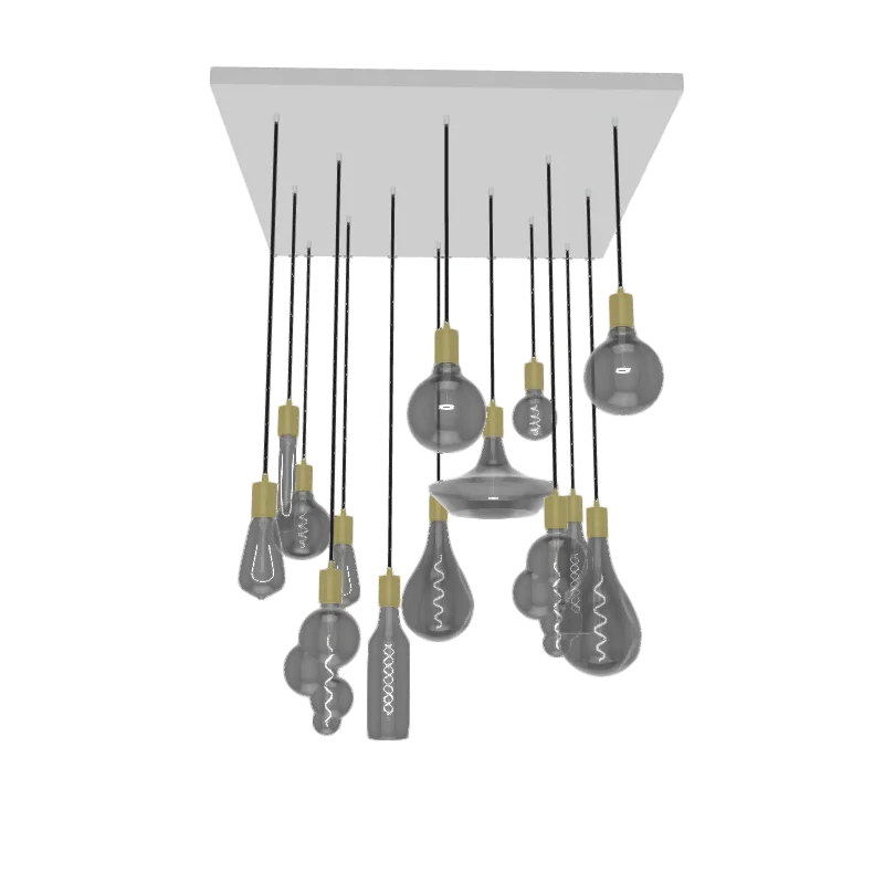 24" Square Metal Chandelier: 14 Pendant White Black and Brass with XL Smoke Bulb Mix — Hangout Lighting LED Pendant Lights  