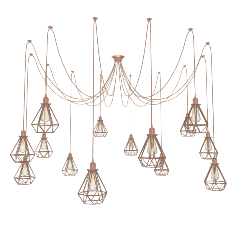 Swag Chandelier: 14 Pendant Copper with Copper Diamond Cages — Hangout Lighting LED Pendant Lights  2700K