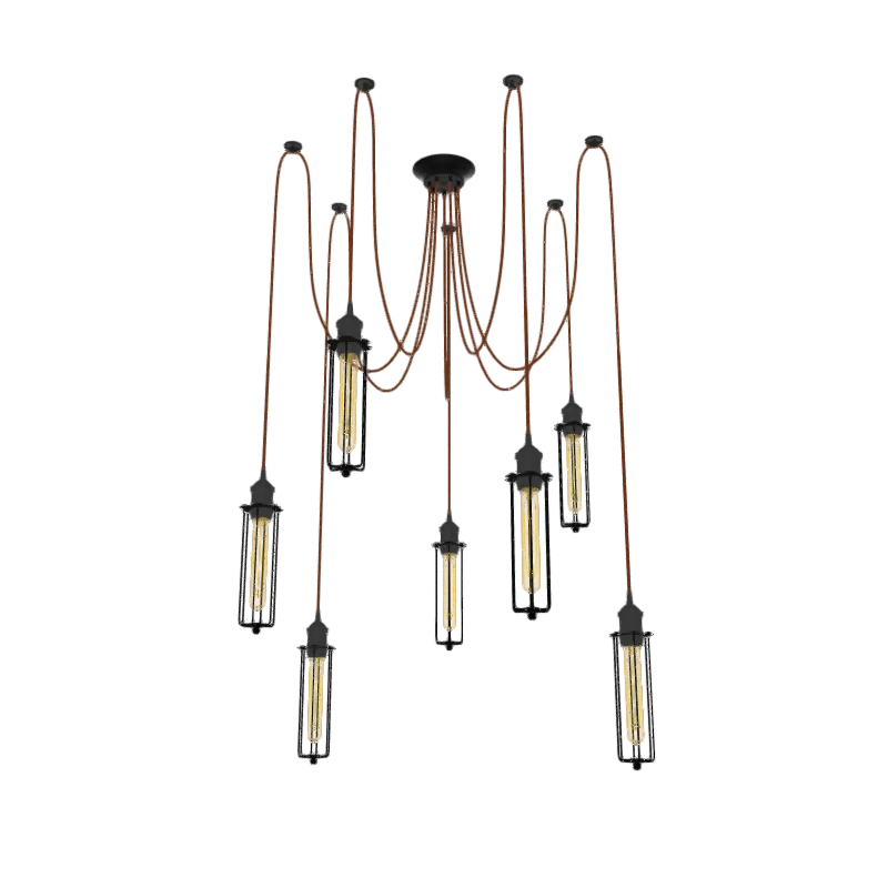 Swag Chandelier: 7 Pendant Rust and Tube Cage Industrial Light Fixture — Hangout Lighting LED Pendant Lights  2200K