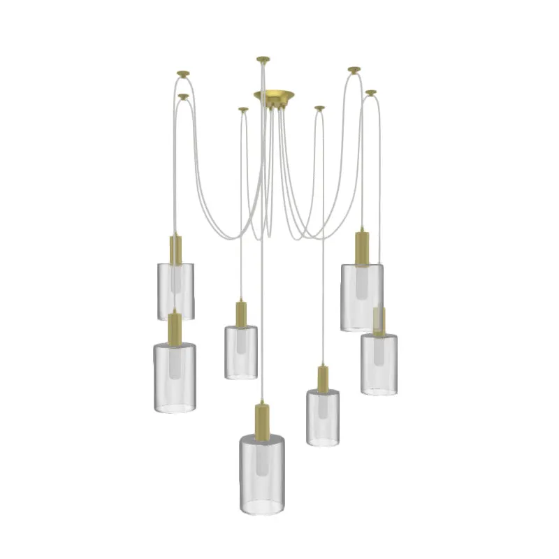Swag Chandelier: 7 Pendant White and Brass with Glass Cylinder Shades — Hangout Lighting LED Pendant Lights  3500K