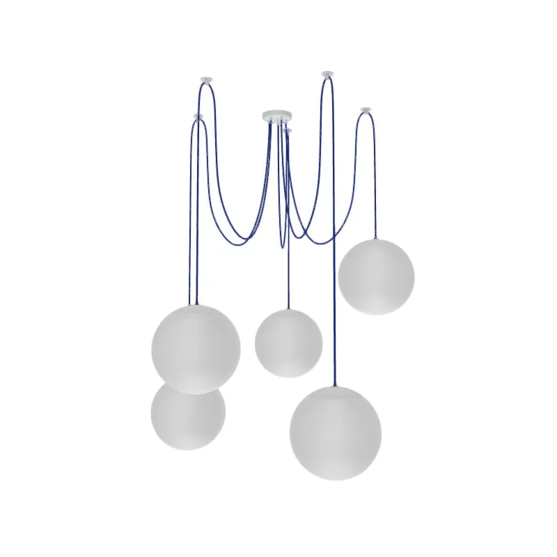 Swag Chandelier: 5 Pendant Blue with Large Neckless White Globe Shades — Hangout Lighting LED Pendant Lights  