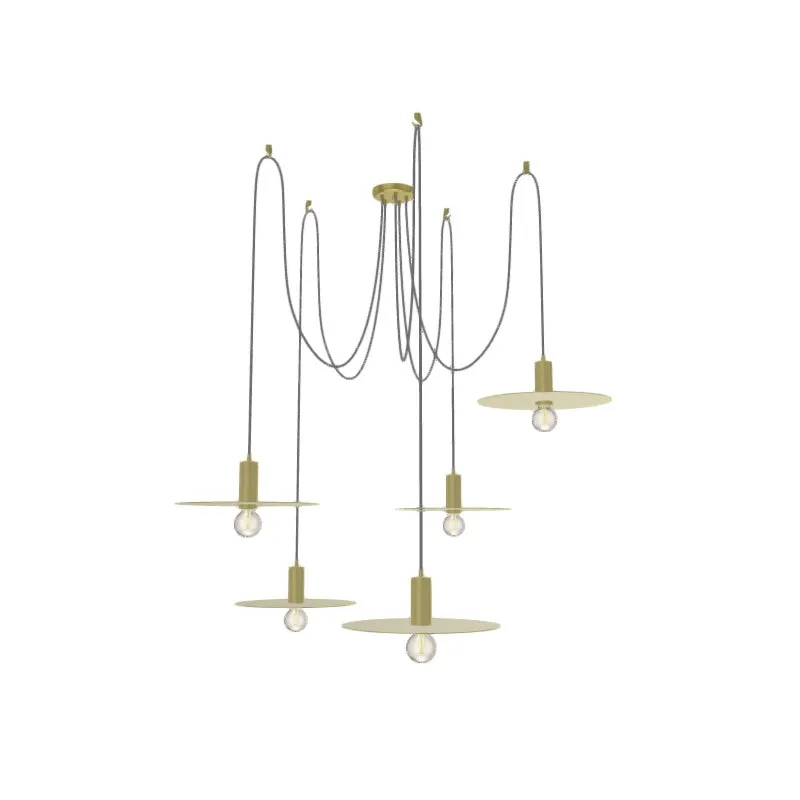 Swag Chandelier: 5 Pendant Grey and Brass with Brass Disk Shades — Hangout Lighting LED Pendant Lights  2700K