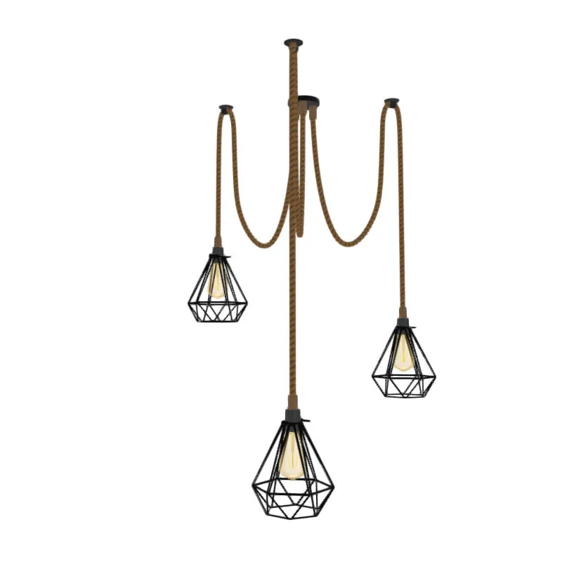 Swag Chandelier: 3 Pendant Manila Rope with Black Geometric Cages — Hangout Lighting LED Pendant Lights  2200K