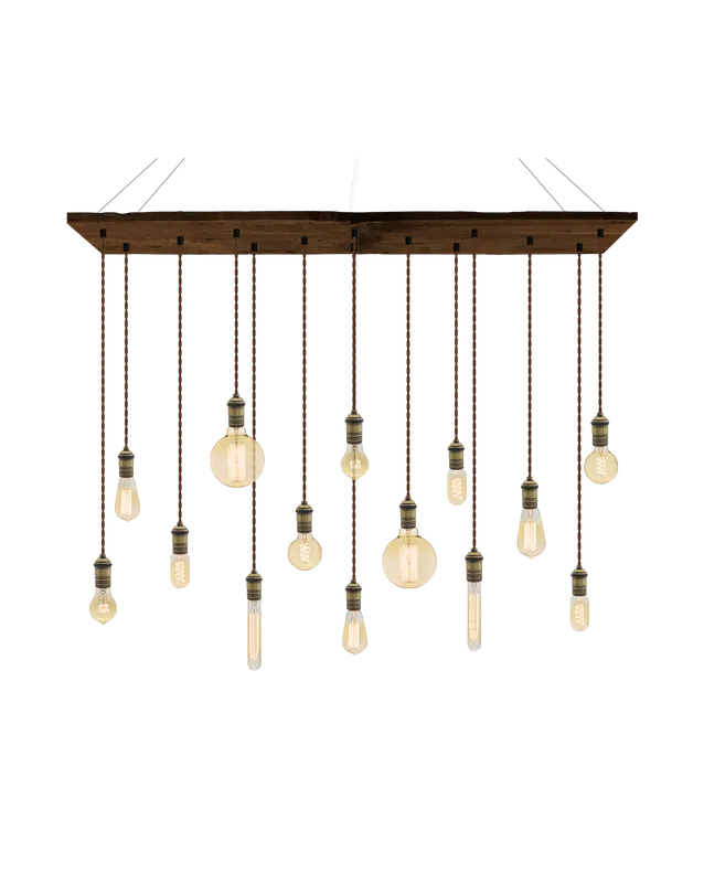47"x12" Reclaimed Wood Chandelier: Walnut, Brown, and Mixed Antique Bulbs — Hangout Lighting LED Linear Lights  