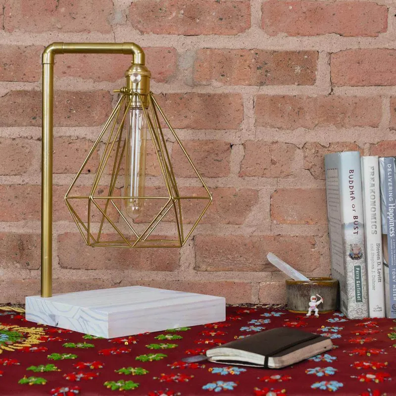 Table Lamp: Brass Pipe with Geometric Diamond Cage and White Wood Base — Hangout Lighting LED General Lighting  