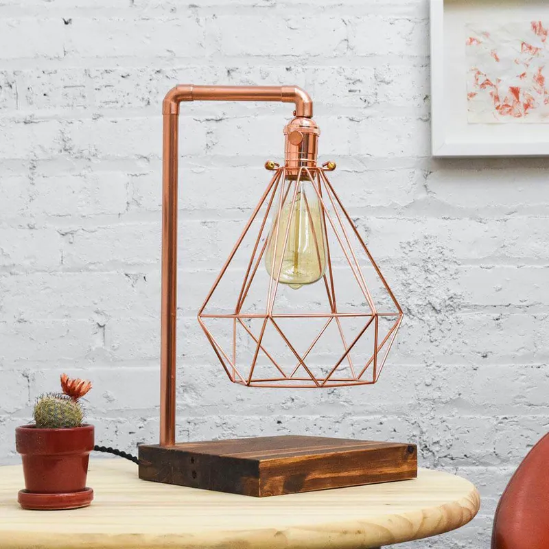 Table Lamp: Copper Pipe and Geometric Diamond Cage with Wood Base — Hangout Lighting LED General Lighting  