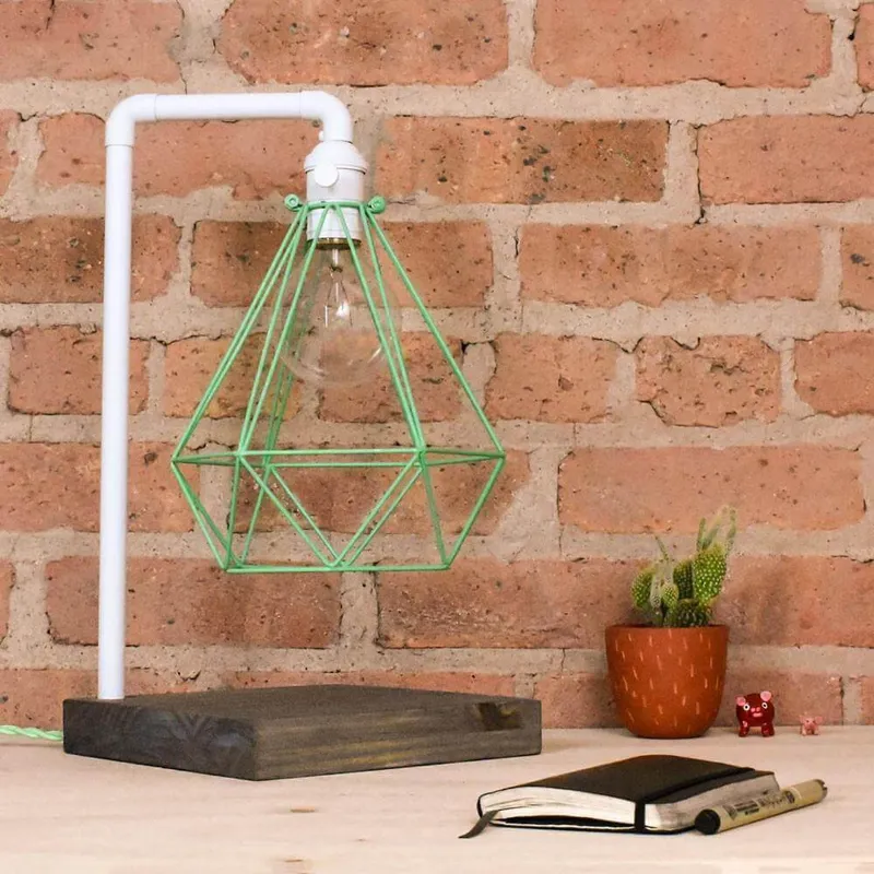 Table Lamp: White Pipe with Mint Geometric Diamond Cage and Wood Base — Hangout Lighting LED General Lighting  