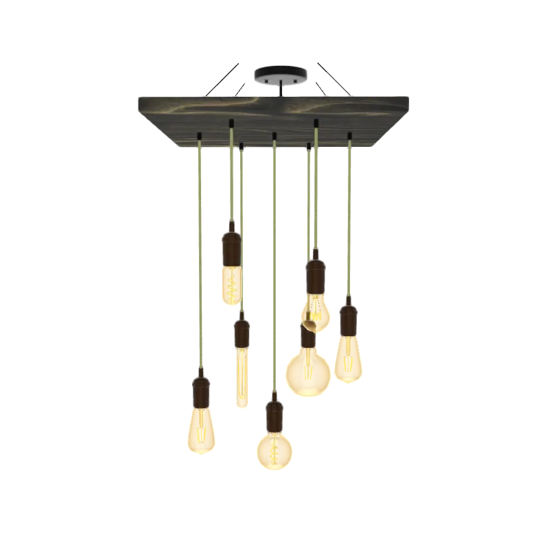 18" Square Wood Chandelier: Green Tweed with Amber Globes — Hangout Lighting LED Pendant Lights  