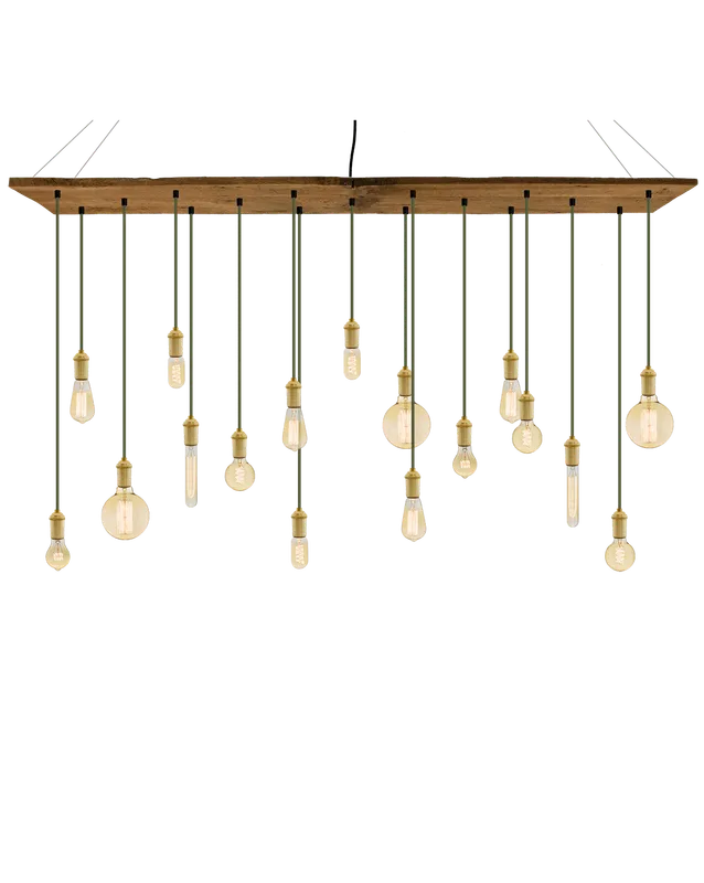 70"x12" Reclaimed Wood Chandelier: Olive and Brass with Mixed Antique Bulbs — Hangout Lighting LED Linear Lights  