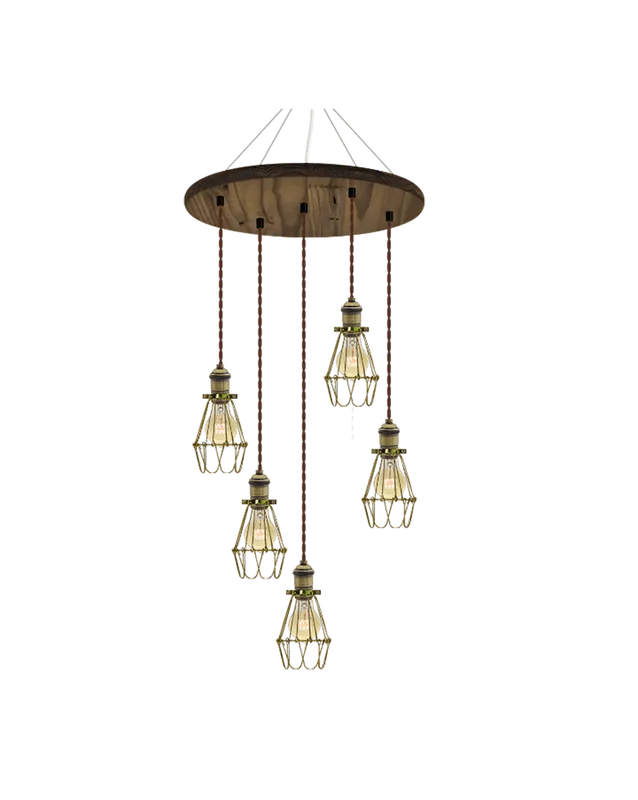 18" Round Wood Chandelier: Walnut, Brown, and Brass Cages — Hangout Lighting LED Pendant Lights  2200K