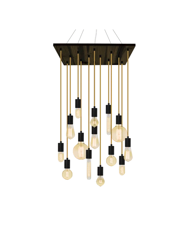 24" Square Wood Chandelier: Black and Rust With Gold Antique Bulbs — Hangout Lighting LED Pendant Lights  