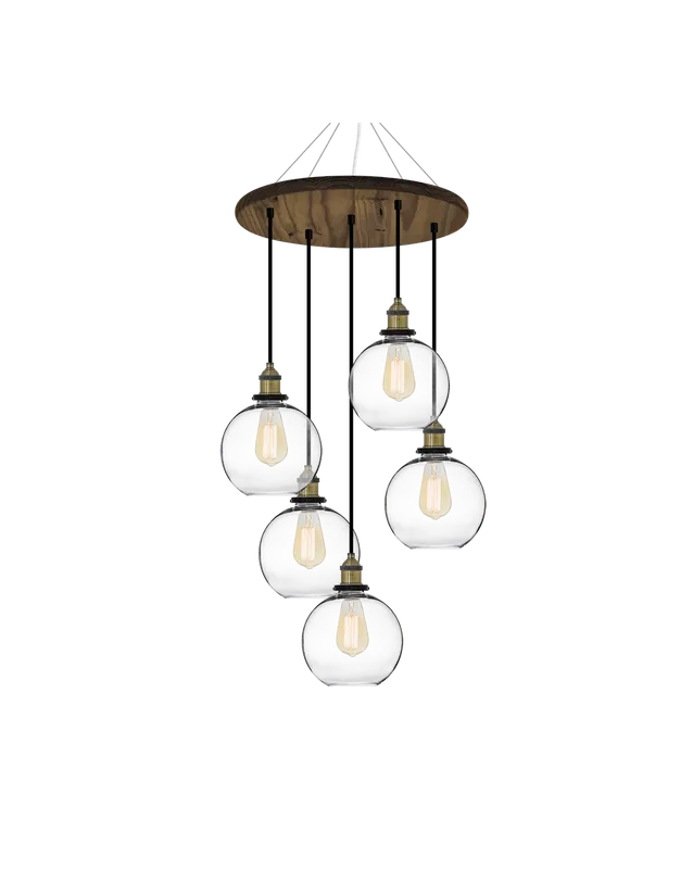 18" Round Wood Chandelier: Antique and Glass Globe Shades — Hangout Lighting LED Pendant Lights  2200K