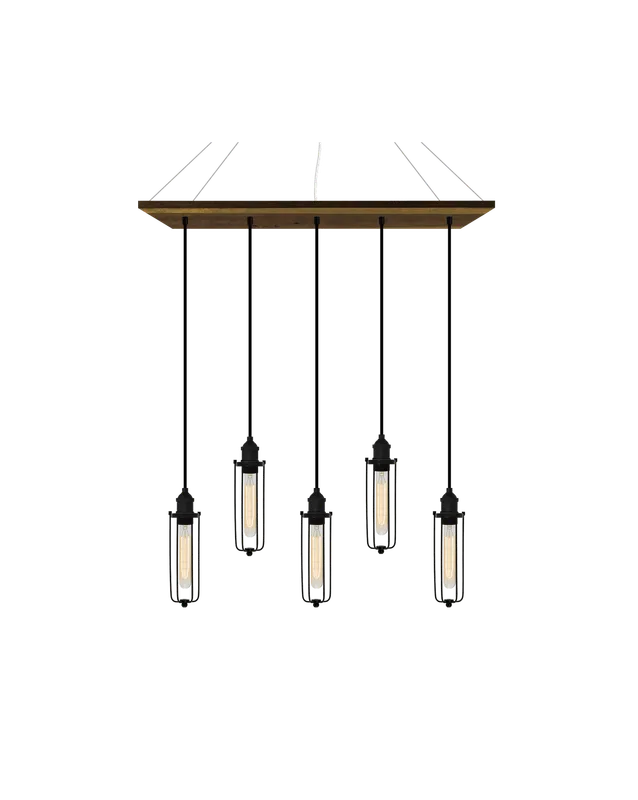 35" x 9" Reclaimed Wood Chandelier: Walnut, Black, and Tube Cages — Hangout Lighting LED Linear Lights  2200K