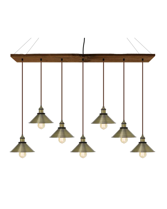 47" x 9" Reclaimed Wood Chandelier: Walnut, Brown, and Antique Brass Shades — Hangout Lighting LED Linear Lights  2200K