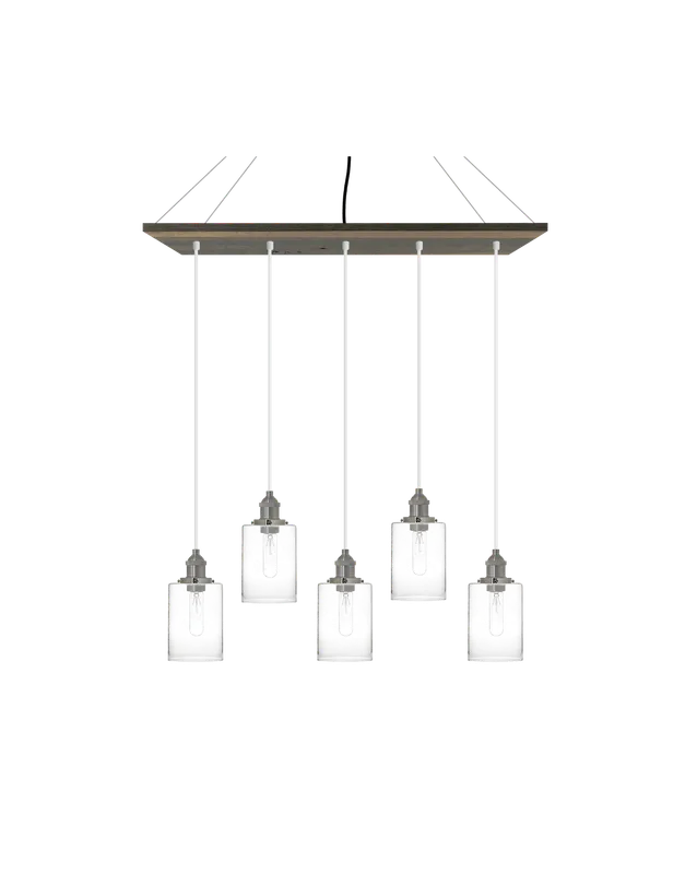 35" x 9" Wood Chandelier: Grey, White, and Glass Cylinder Shades — Hangout Lighting LED Linear Lights  3500K