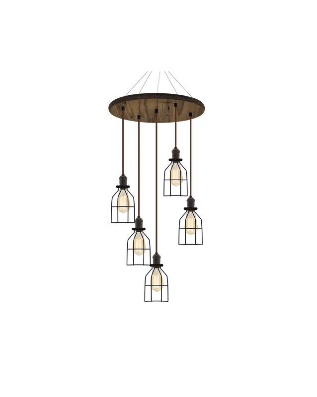 18" Round Wood Chandelier: Walnut, Black, and Black Round Cages — Hangout Lighting LED Pendant Lights  2200K