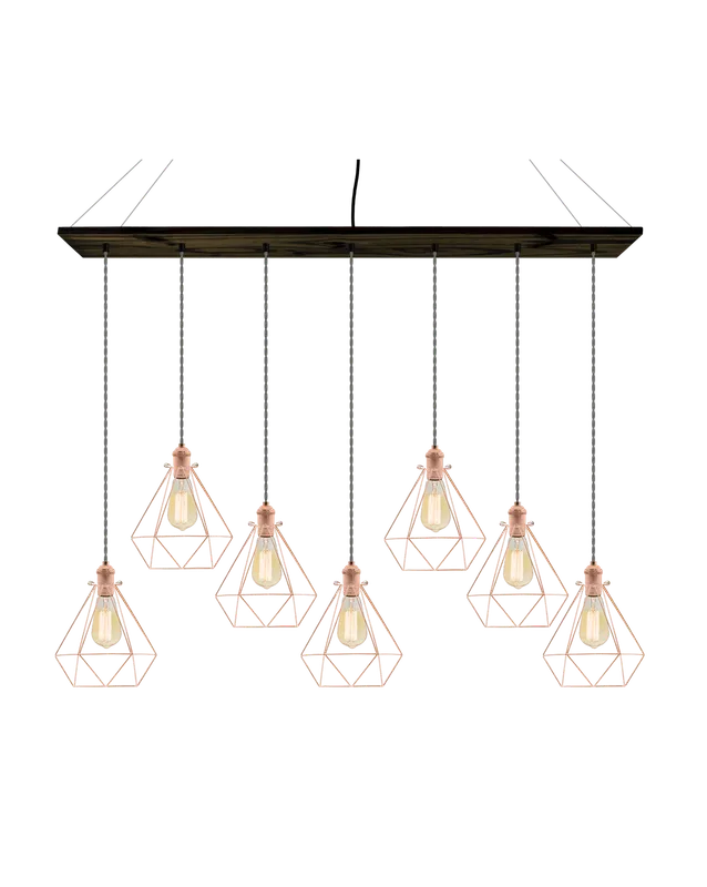 47" x 9" Wood Chandelier: Ebony, Grey, and Copper Diamond Cages — Hangout Lighting LED Linear Lights  2200K