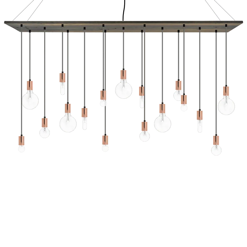 70"x12" Wood Chandelier: Grey, Copper, and Mixed Clear Bulbs — Hangout Lighting LED Linear Lights  