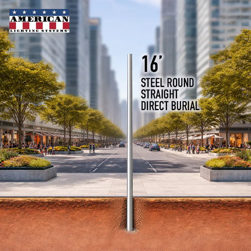 16 Foot Steel Round Straight Direct Burial 4in 11 Gauge — American Lighting Systems LED General Lighting  
