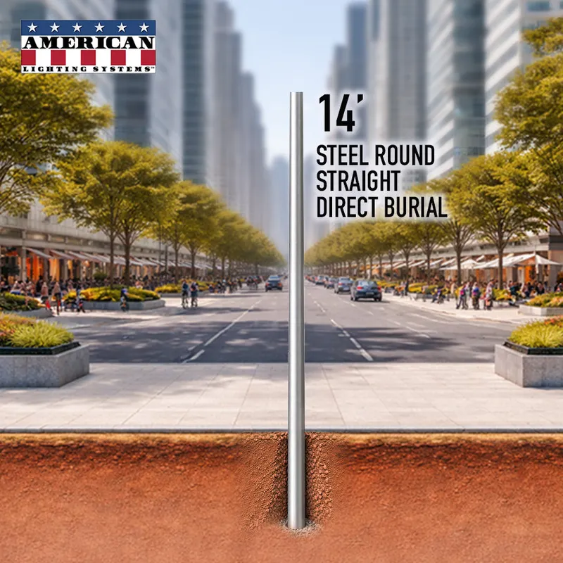 14 Foot Steel Round Straight Direct Burial 4in 11 Gauge — American Lighting Systems LED General Lighting  