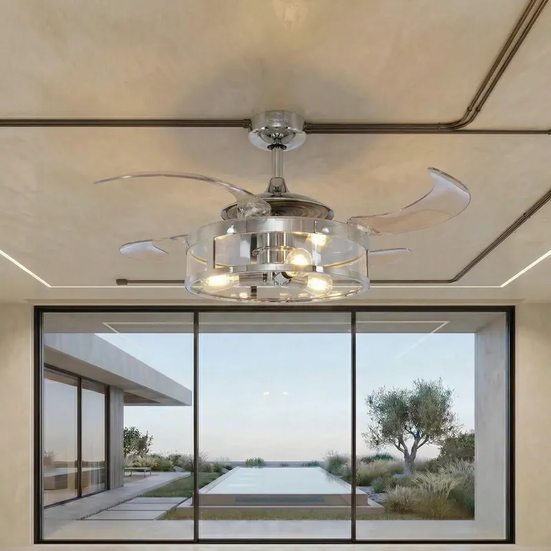 Classic 48 Inch 3 Light Chrome Fan with Retractable Blades — Modern Lights LED Ceiling Lights 4.5W 2500K