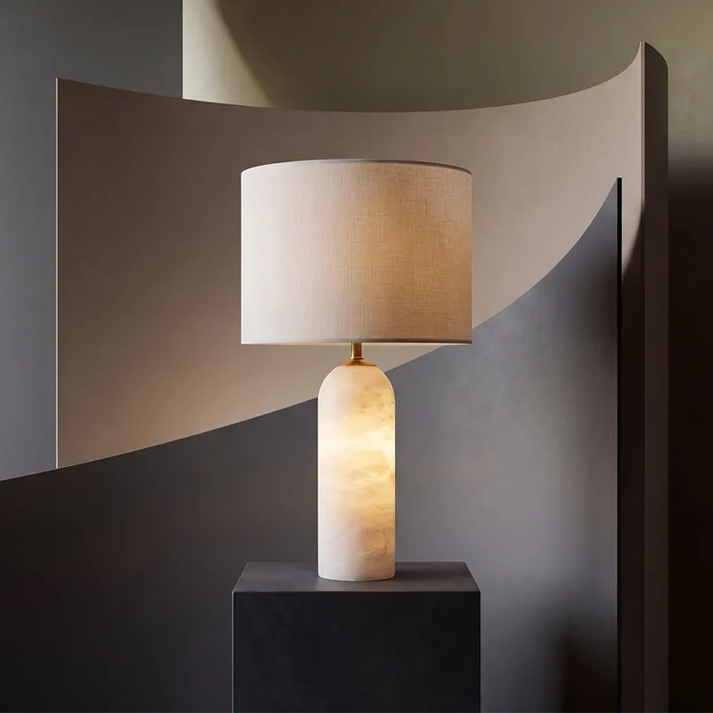 Firma 2 Light Linen Table Lamp with Alabaster Base — Modern Lights LED General Lighting 50.0W 