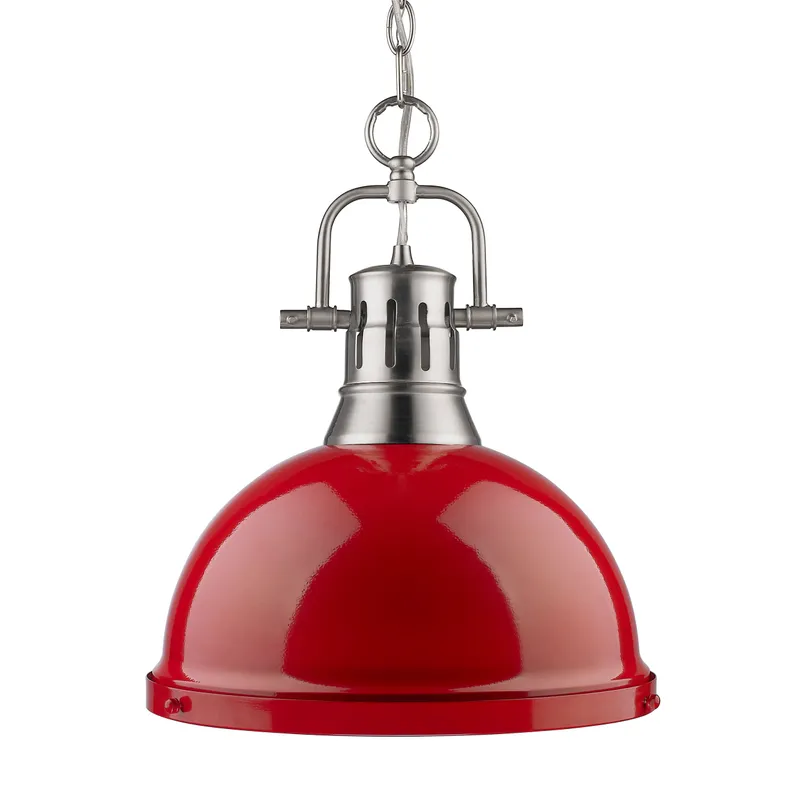 Yep by Golden Lighting Duncan 1-light 14in Chain Hung Pendant in Pewter and Red shade — Golden Lighting LED Pendant Lights  