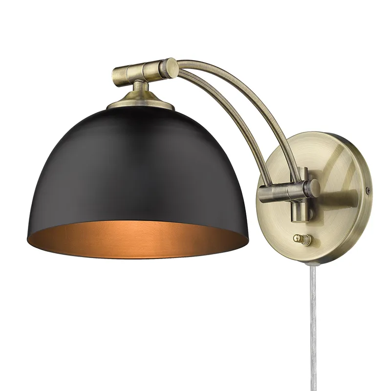 Rey 1-light Swing Arm Wall Lamp in Aged Brass and Matte Black shade — Golden Lighting LED General Lighting  