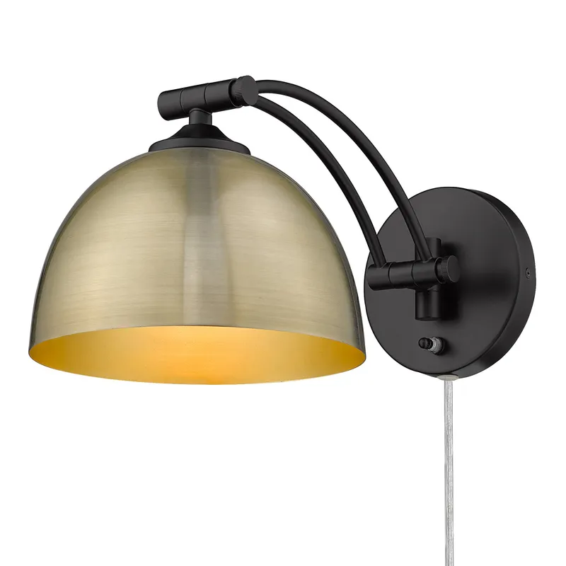 Rey 1-light Swing Arm Wall Lamp in Matte Black and Aged Brass shade — Golden Lighting LED General Lighting  