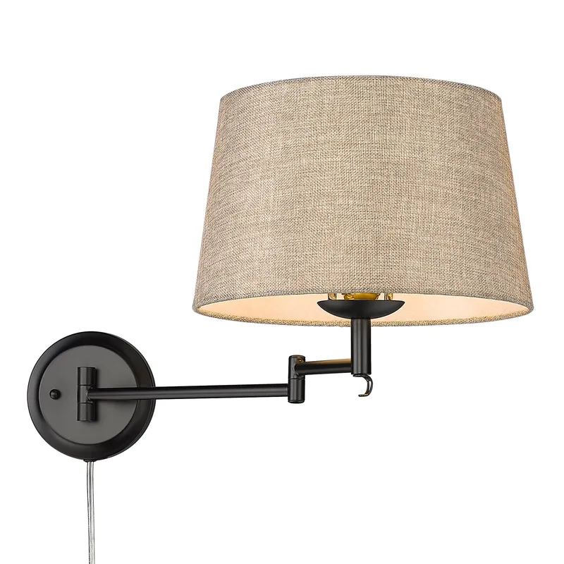 Eleanor 1-light Swing Arm Wall Lamp in Matte Black and Natural Sisal shade — Golden Lighting LED General Lighting  
