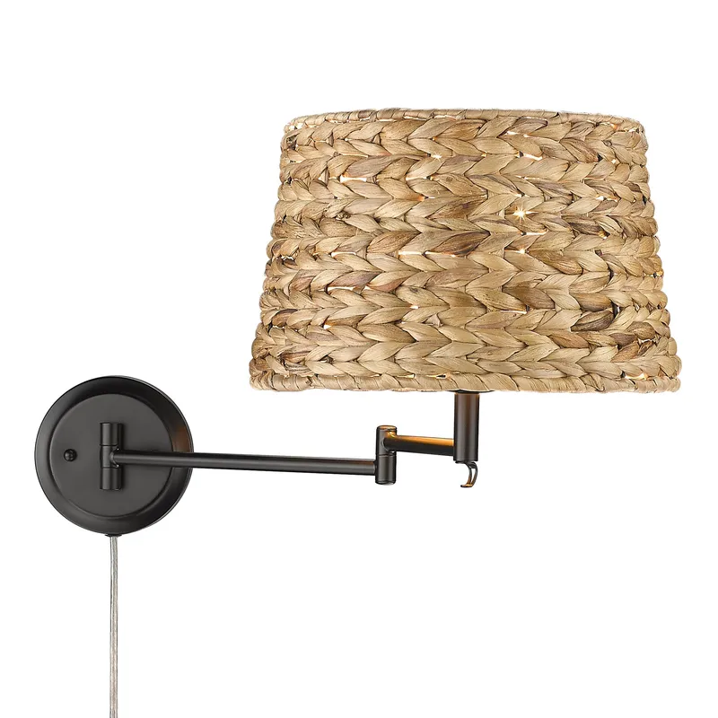 Eleanor 1-light Swing Arm Wall Lamp in Matte Black and Woven Sweet Grass shade — Golden Lighting LED General Lighting  