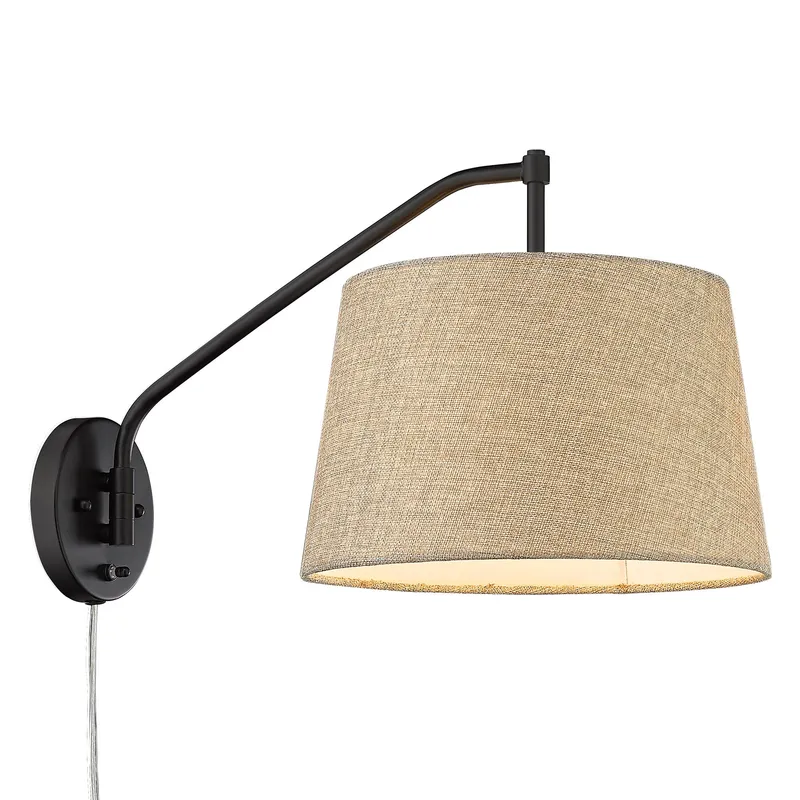 Ryleigh 1-light Swing Arm Wall Lamp in Matte Black and Natural Sisal shade — Golden Lighting LED General Lighting  