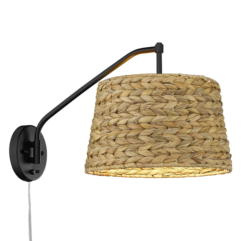 Ryleigh 1-light Swing Arm Wall Lamp in Matte Black and Woven Sweet Grass shade — Golden Lighting LED General Lighting  