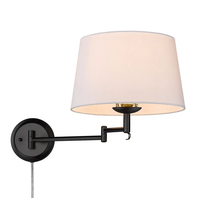 Eleanor 1-light Swing Arm Wall Lamp in Matte Black and Modern White shade — Golden Lighting LED General Lighting  