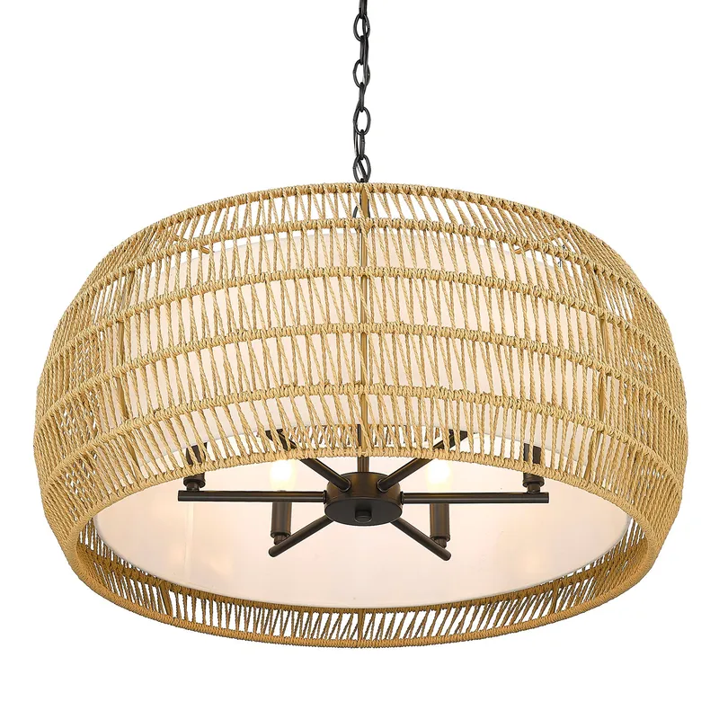 Golden Lighting Everly 6-light Chandelier in Matte Black and Natural Rattan shade — Golden Lighting LED Pendant Lights  