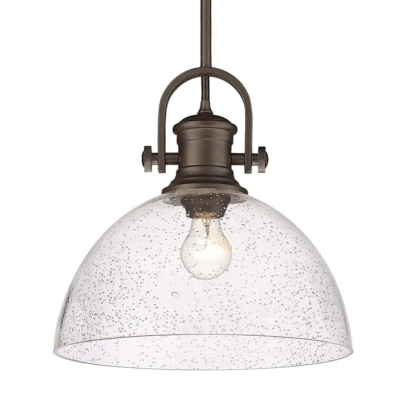 Yep by Golden Lighting Hines 1-light 14in Pendant in Rubbed Bronze and Seeded Glass — Golden Lighting LED Pendant Lights 100.0W 