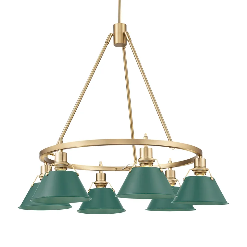 Yep by Golden Lighting Orwell 6-light Chandelier in Brushed Champagne Brass and Pine Green shade — Golden Lighting LED Pendant Lights  