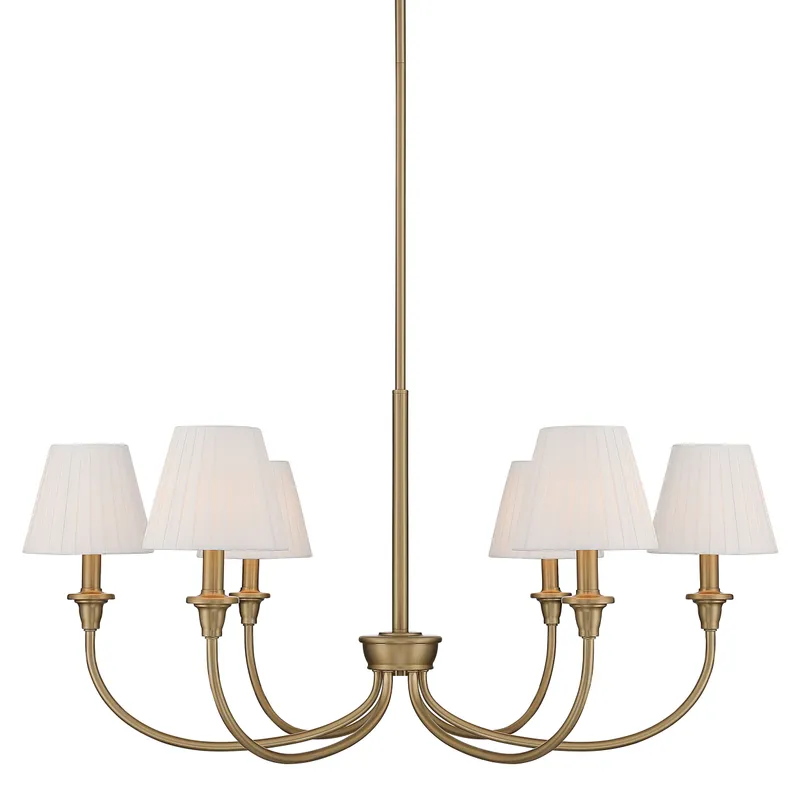 Cambria 6-Light Chandelier in Brushed Champagne Brass & White Pleated Shades — Golden Lighting LED Pendant Lights  
