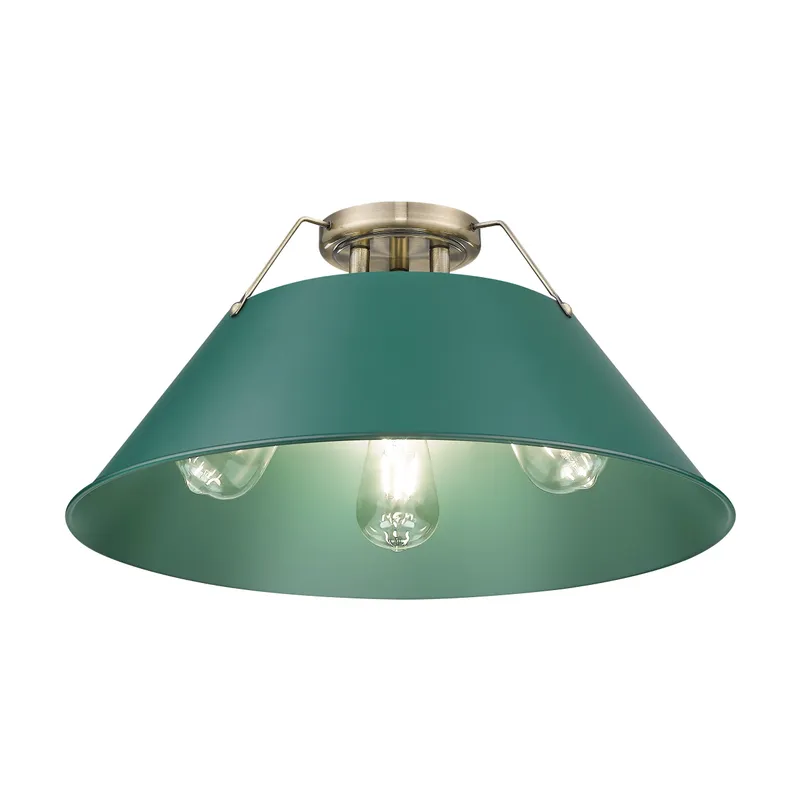 Yep by Golden Lighting Orwell 3-light Flush Mount in Aged Brass and Pine Green shade — Golden Lighting LED Ceiling Lights  