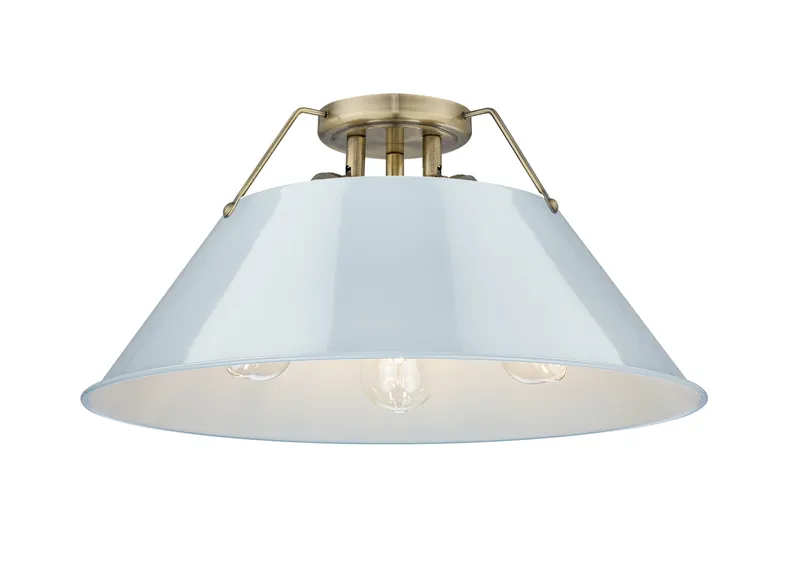 Yep by Golden Lighting Orwell 3-light Flush Mount in Aged Brass and Dusky Blue shade — Golden Lighting LED Ceiling Lights  