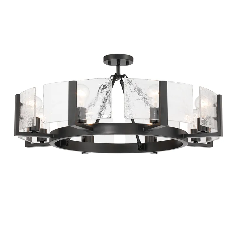 Aenon 8-Light Semi-Flush Mount in Matte Black with Hammered Water Glass — Golden Lighting LED Pendant Lights  