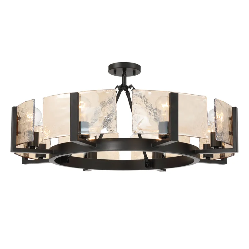 Aenon 8-Light Semi-Flush Mount in Matte Black with Amber Water Glass — Golden Lighting LED Pendant Lights  