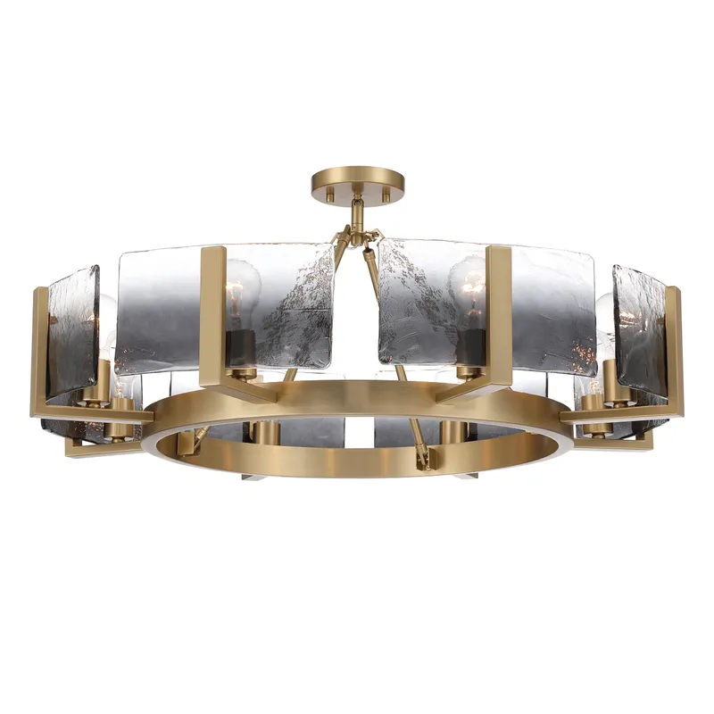 Aenon 8-Light Semi-Flush Mount in Brushed Champagne Brass with Smokey Water Glass — Golden Lighting LED Pendant Lights  
